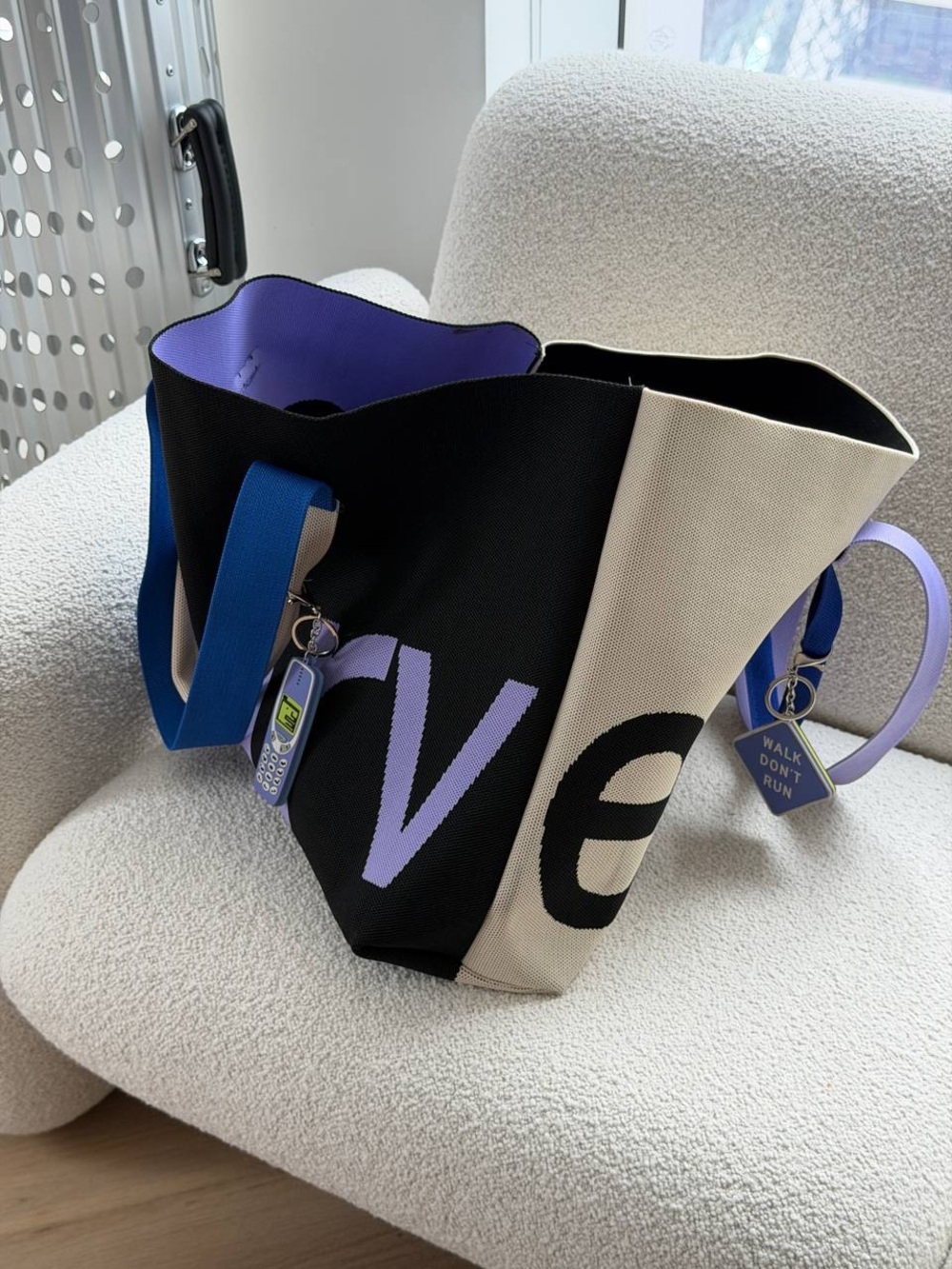 curves by sean brown Two-Tone Canvas Tote Bag in Black, Cream & Lavender
